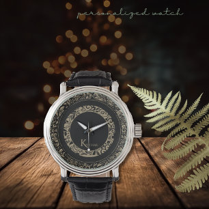 Personalised Black Gold Floral Pattern Monogram Watch