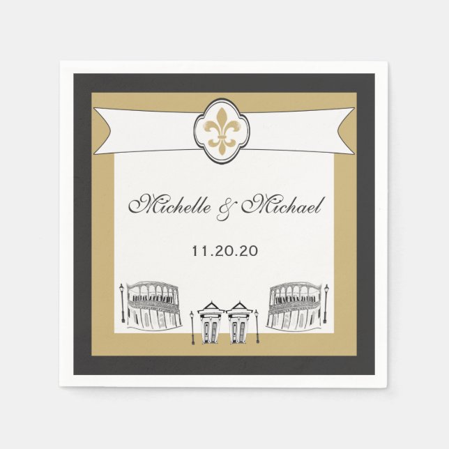 Personalised Black Gold French Quarter Scene Napkin (Front)