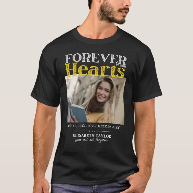 Personalised Black Gold Funeral Photo Memorial T-Shirt (Front)