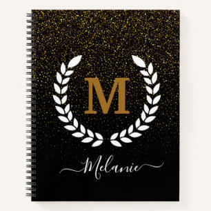 Personalised  Black Gold Glitter Monogram Name Notebook