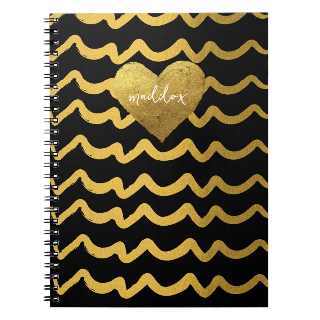 Personalised Black & Gold Glittery Stripes Notebook (Front)
