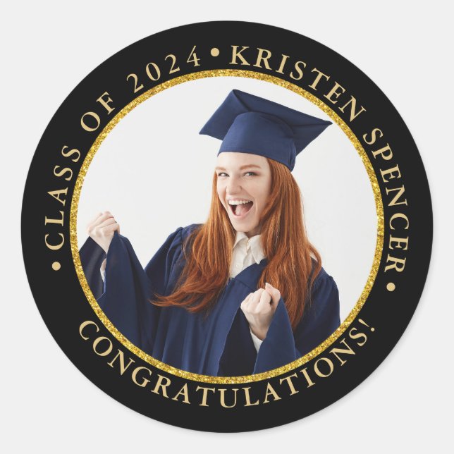 Personalised Black Gold Graduate Photo Graduation Classic Round Sticker (Front)