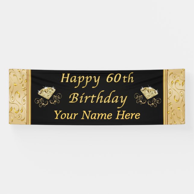 Personalised Black Gold Happy 60th Birthday Banner (Horizontal)