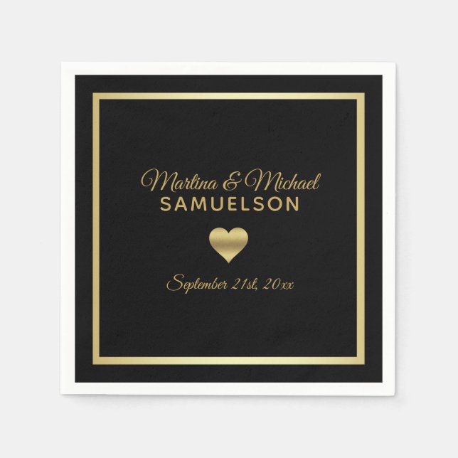 Personalised Black Gold Heart Frame Wedding Napkin (Front)