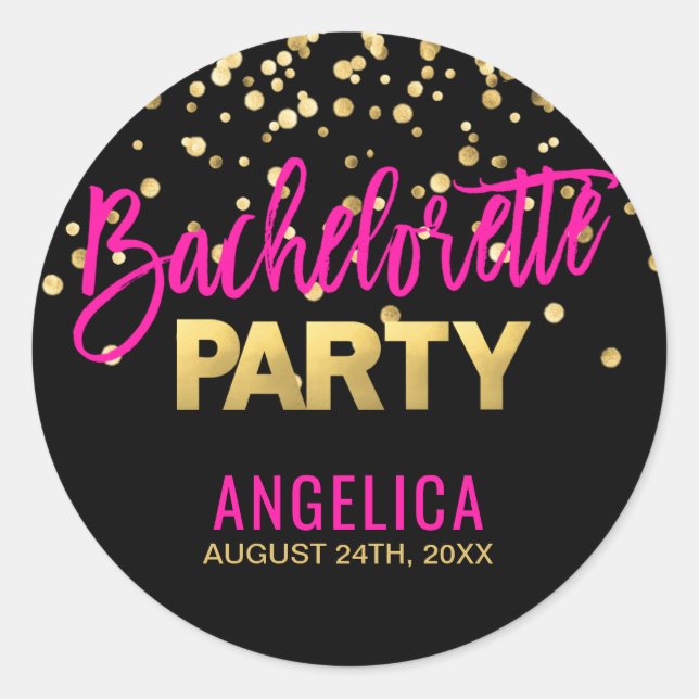 Personalised Black Gold Hot Pink BACHELORETTE Classic Round Sticker (Front)