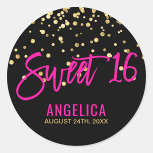 Personalised Black Gold Hot Pink Sweet SIXTEEN 16 Classic Round Sticker