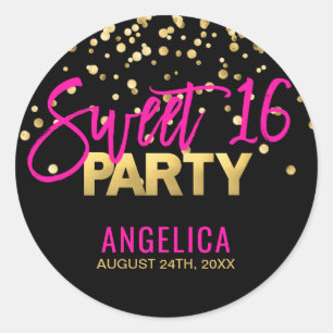 Personalised Black Gold Hot Pink Sweet SIXTEEN 16 Classic Round Sticker