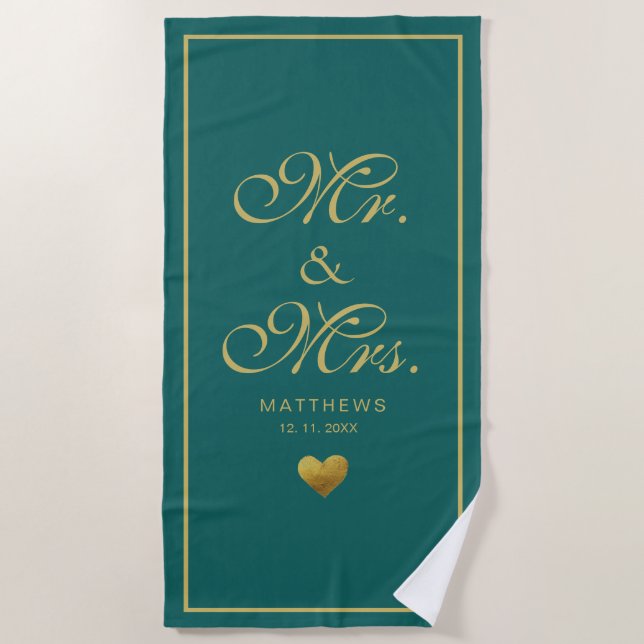 Personalised black gold love Heart mr and mrs  Bea Beach Towel (Front)