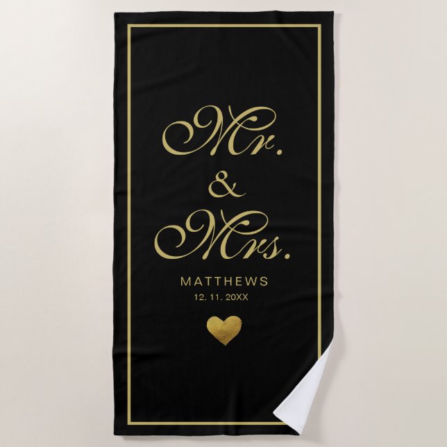 Personalised black gold love Heart mr and mrs  Beach Towel (Front)