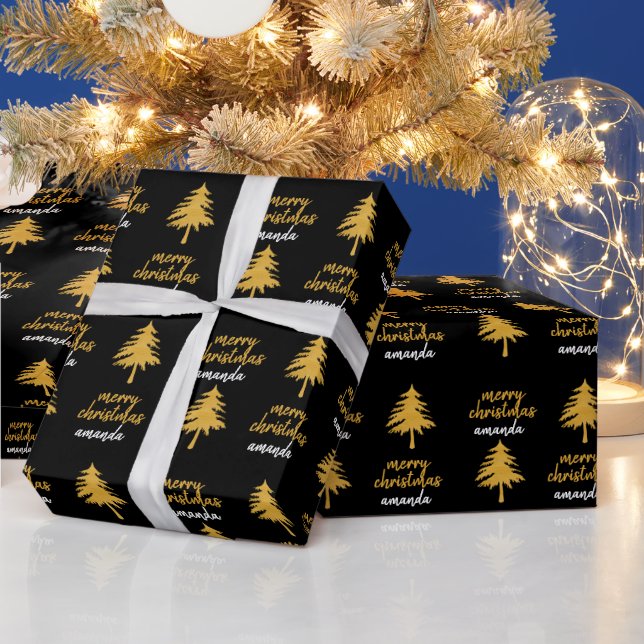 Personalised Black Gold Merry Christmas Gift Wrapping Paper (Holidays)