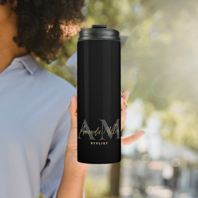 Personalised Black Gold Modern Monogram Minimalist Thermal Tumbler (Creator Uploaded)