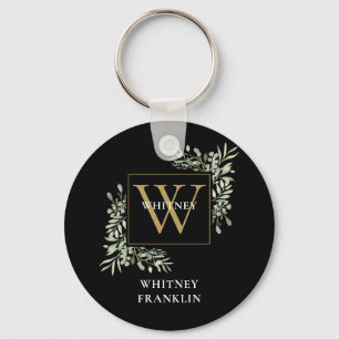 Personalised Black Gold Monogram Elegant Greenery Key Ring