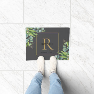 Personalised Black Gold Monogram Eucalyptus Leaf Doormat