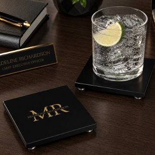 Personalised Black Gold Monogram Executive Glass Coaster