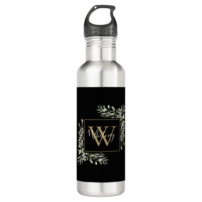 Personalised Black Gold Monogram Greenery Floral 710 Ml Water Bottle (Front)