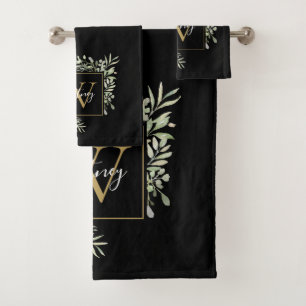 Personalised Black Gold Monogram Greenery Floral Bath Towel Set