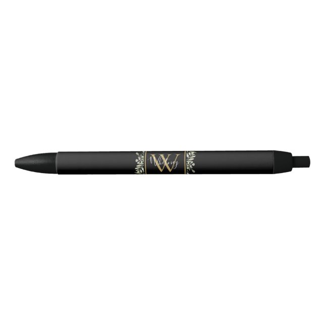 Personalised Black Gold Monogram Greenery Floral Black Ink Pen (Front)