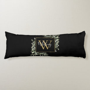 Personalised Black Gold Monogram Greenery Floral Body Cushion