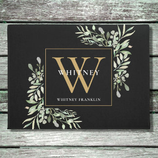 Personalised Black Gold Monogram Greenery Floral D Doormat