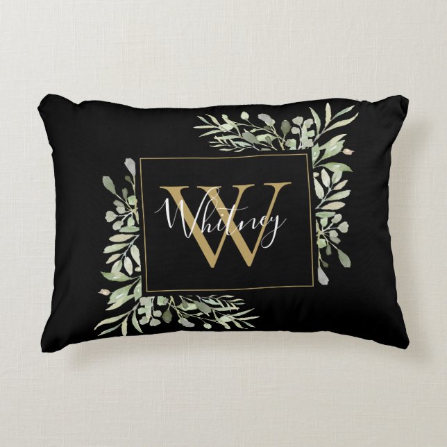 Personalised Black Gold Monogram Greenery Floral Decorative Cushion (Front)