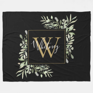 Personalised Black Gold Monogram Greenery Floral Fleece Blanket