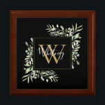 Personalised Black Gold Monogram Greenery Floral Gift Box<br><div class="desc">Elegant watercolor greenery leaves floral monogram name gift box featuring a gold monogram initial on a black background with your name set in a stylish white script. Designed by Thisisnotme©</div>