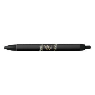 Personalised Black Gold Monogram Greenery Floral Ink Pen