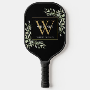 Personalised Black Gold Monogram Greenery Floral Pickleball Paddle