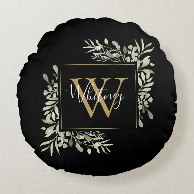 Personalised Black Gold Monogram Greenery Floral Round Cushion (Front)