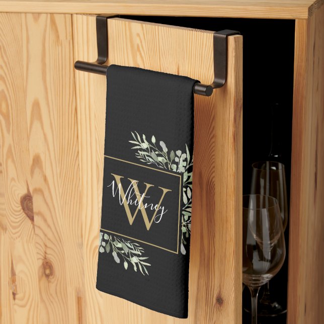 Personalised Black Gold Monogram Greenery Floral Tea Towel (Thirds Fold)