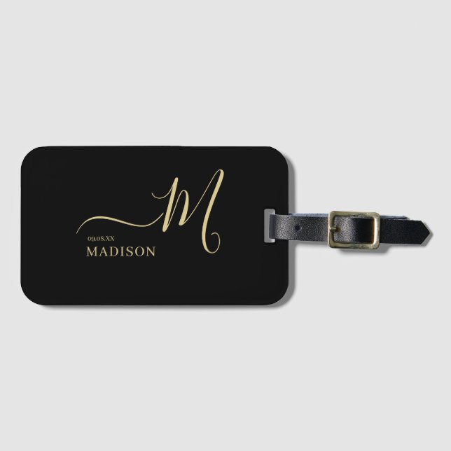 Personalised Black Gold Monogram Script Wedding Luggage Tag (Front Horizontal)