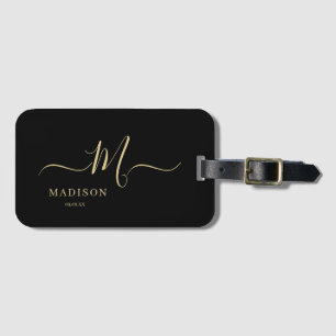 Personalised Black Gold Monogram Script Wedding Luggage Tag