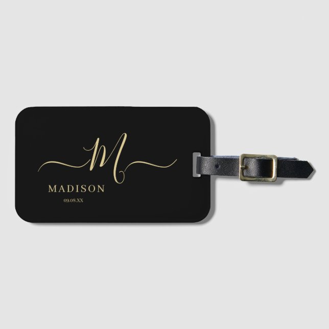 Personalised Black Gold Monogram Script Wedding Luggage Tag (Front Horizontal)