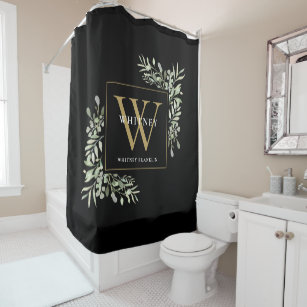 Personalised Black Gold Monogram Watercolor Floral Shower Curtain