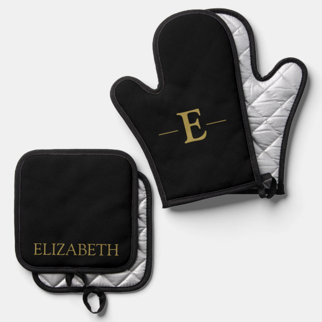 Personalised Black & Gold Oven Mitt and Pot Holder Set (Front/Back)