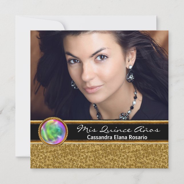 Personalised Black Gold Photo Quinceanera Invitation (Front)