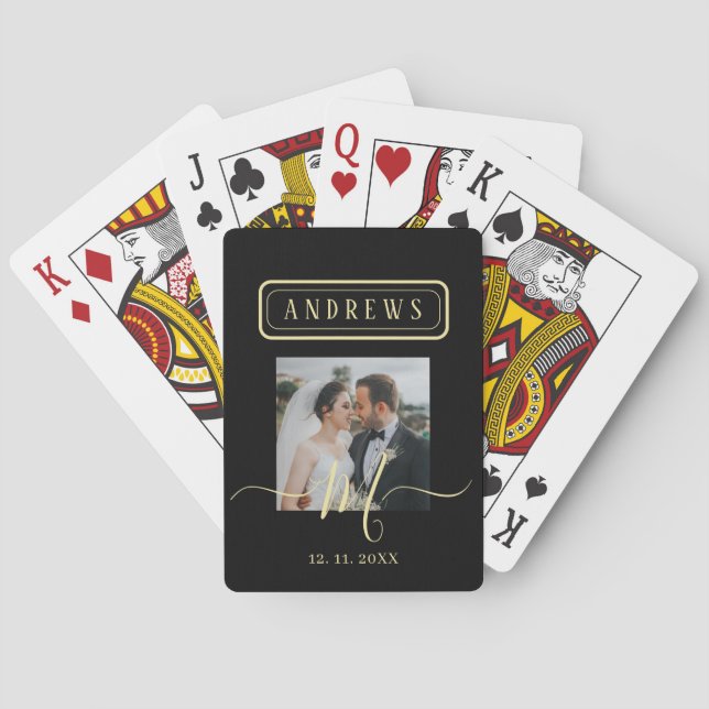 Personalised Black & Gold Photo Signature Wedding  Playing Cards (Back)
