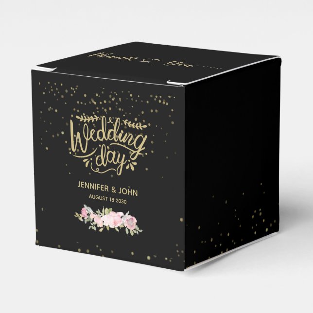 Personalised Black Gold Pink Floral Wedding Day Favour Box (Front Side)