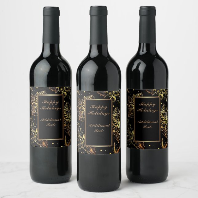 Personalised Black & Gold Poinsettias & Holly Wine Label (Bottles)