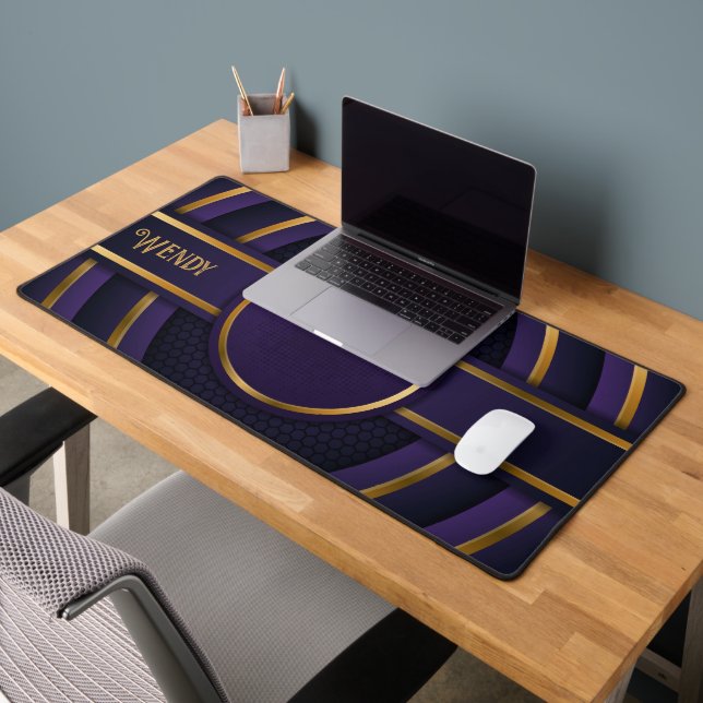 Personalised Black Gold Purple Abstract Gaming Desk Mat (Office 2)