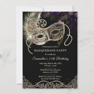 Personalised  Black Gold  Purple Masquerade Party Invitation