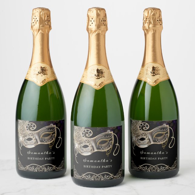 Personalised  Black Gold  Purple Masquerade Party Sparkling Wine Label (Bottles)