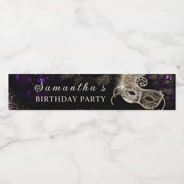 Personalised  Black Gold  Purple Masquerade Party Water Bottle Label (Single Label)