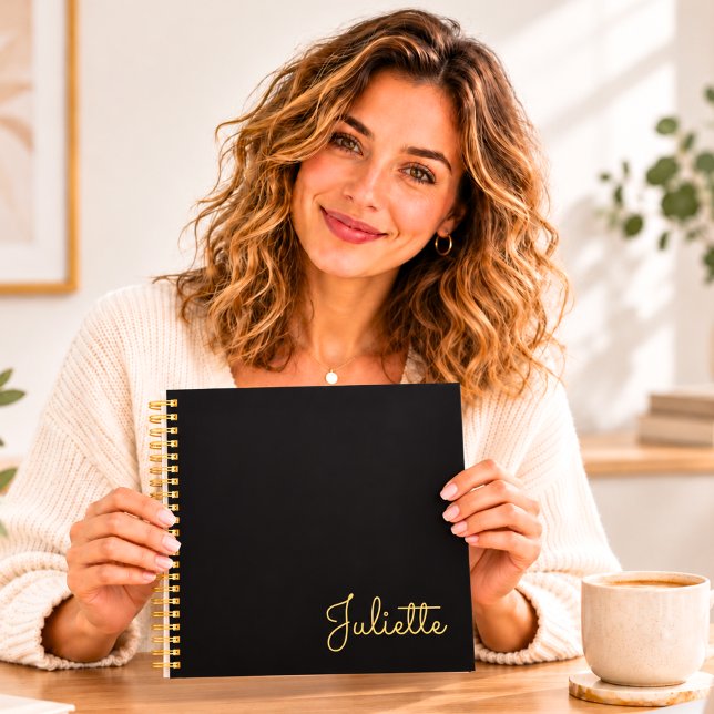 Personalised Black Gold Script Name Square Spiral  Notebook (Creator Uploaded)