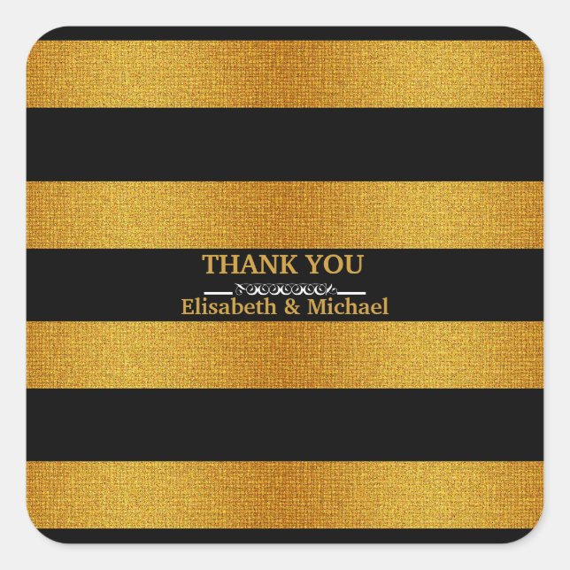 Personalised Black & Gold Stripes Thank You Square Sticker (Front)