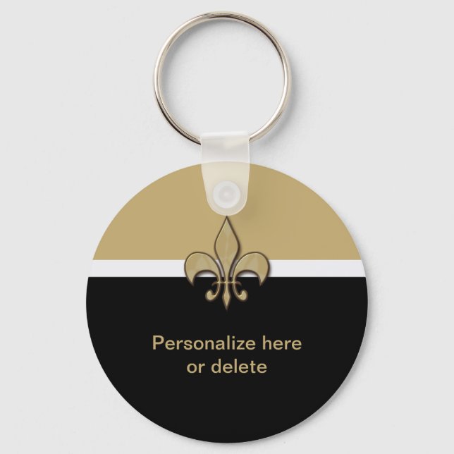 Personalised Black Gold White Fleur de Lis Key Ring (Front)