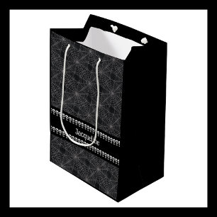 Personalised Black Gothic Skull and Spiderweb Name Medium Gift Bag