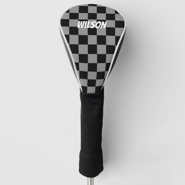 Personalised  black &grey chequered monogram name golf head cover (Front)