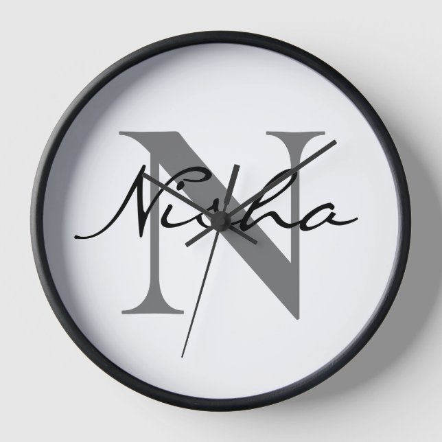 Personalised Black Grey Monogram Name Clock (Front)