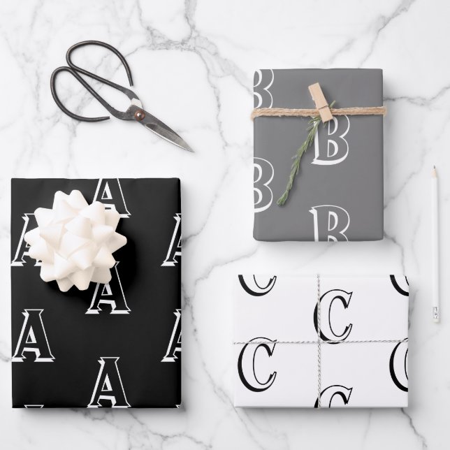 Personalised black grey white custom monogram wrapping paper sheet (Front)